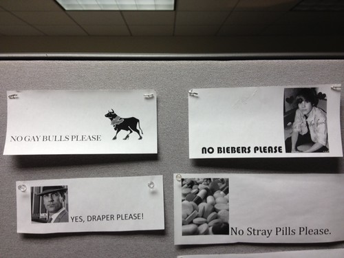 No Gay Bulls Please (picture of bull in high heels with a boa) Yes, Draper Please! (Don Draper) No Biebers Please (Justin) No Stray Pills Please (Pills)