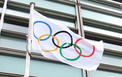 Olympic flag flying outside Eland House