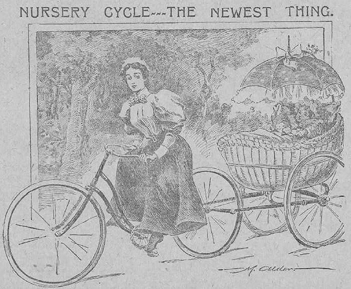 : The Journal page on cycling 1896 - detail, bike with trailer for baby