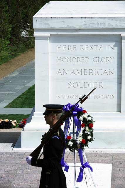 Tomb of the Unknown Soldier - W view with guard and wreath detail - Arlington National Cemetery - 2012