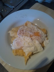poached eggs on onion/cheese/horseradish mash. Rather yummy