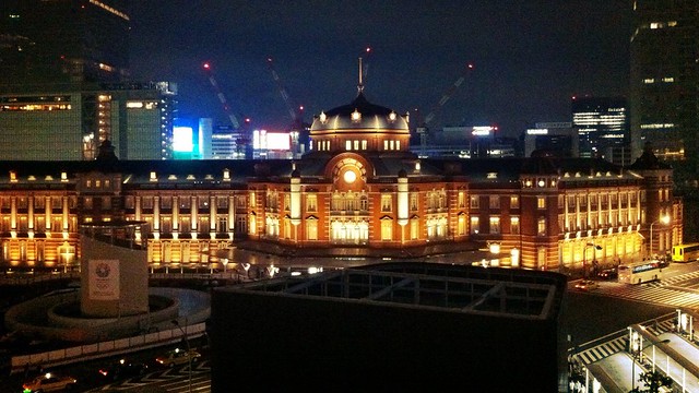 Tokyo station at night.