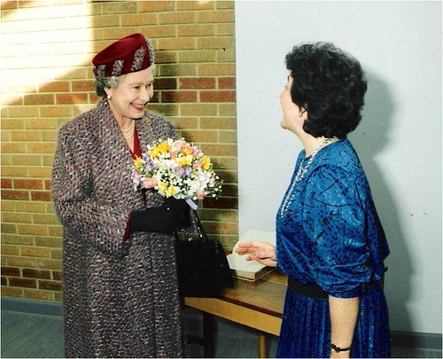 Her Majesty The Queen and June Housden from then Department of Microbiology