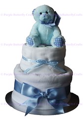 2 Tier White Blue with Bear Cake