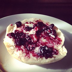 Just baked bagel and jam.