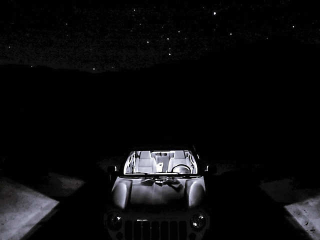 california longexposure bw white black car canon stars powershot nighttime vehicle mojavedesert walkerpass sx260 2007jeeplibertysport4x4
