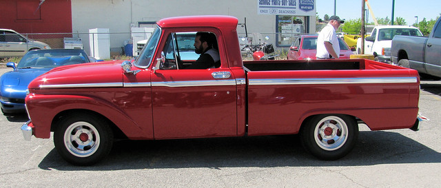 red classic ford truck vintage shiny sweet pickup f100 pickuptruck 1966 chrome vehicle v8 2wd fomoco customcab longbed showtruck fseries 12ton eyellgeteven