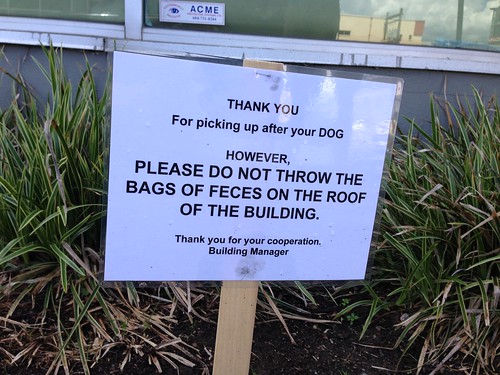 THANK YOU For picking up after your DOG. HOWEVER, PLEASE DO NOT THROW THE BAGS OF FECES ON THE ROOF OF THE BUILDING. Thank you for your cooperation. Building Manager