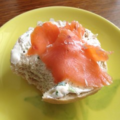 Homemade bagels and store bought lox for breakfast. And soy cream cheese.