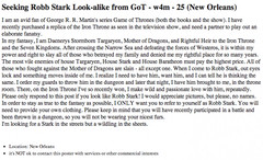 Qui a posté sur Craig s List cette annonce demandant un sosie de Robb Stark de <a href="fiche-serie-tv-game-of-thrones" itemprop="name">Game Of Thrones</a> pour réaliser un fantasme coquin ? Dénoncez-vous !