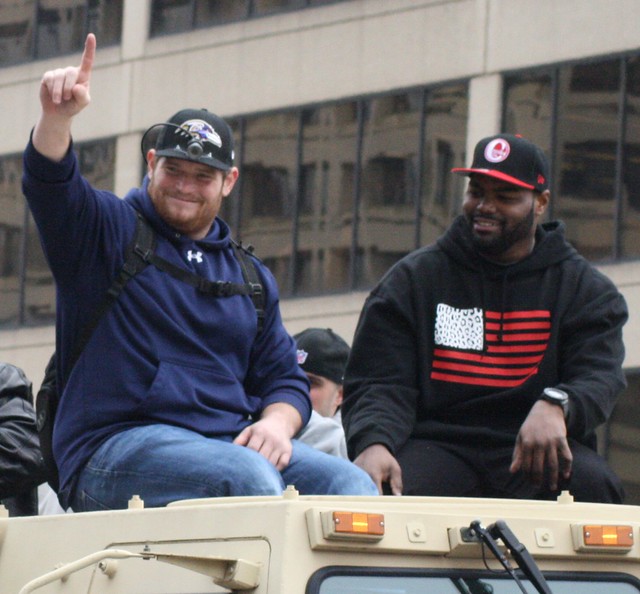Baltimore Ravens Superbowl Victory Parade - Tuesday, February 5, 2013 - guard Marshal Yanda (left) and tackle MICHAEL OHER (right)