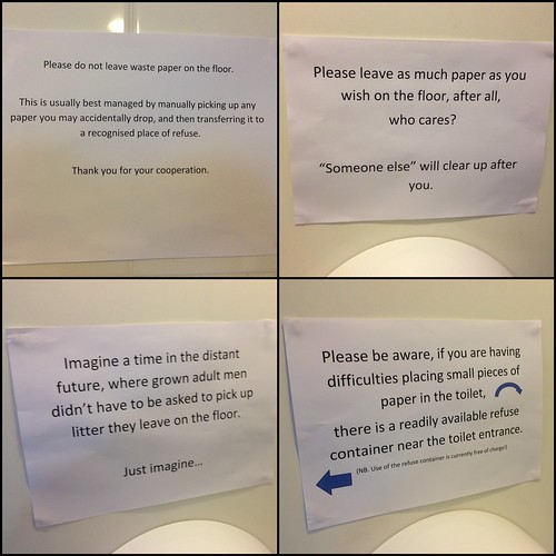 Please do not leave waste paper on the floor. This is usually managed by manually picking up any paper you may accidentally drop, and then transferring it to a recognised place of refuse. Thank you for your cooperation.  Please leave as much paper as you wish on the floor, after all, who cares? 