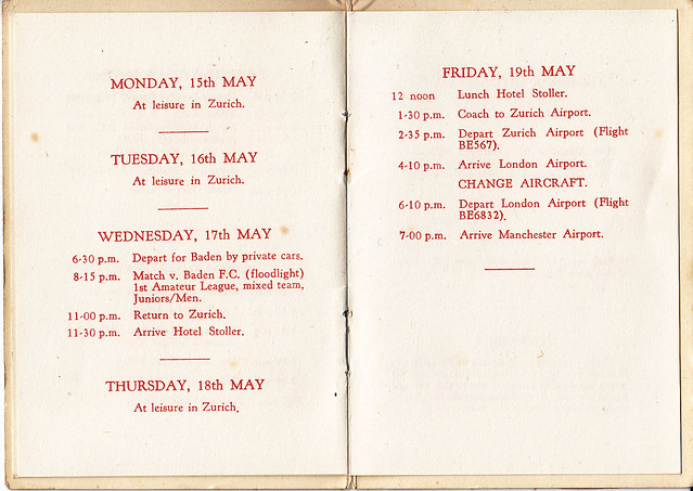 Manchester United F.C. Players Itinerary to Switzerland 1961
