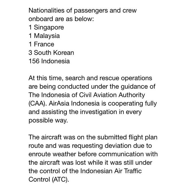 Updated statement AIRASIA for QZ8501.  #28122014  #Repost  #News