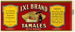 Texas style tamales with sauce label, IXL Brand, Lehmann Printing and Lithographing Co.