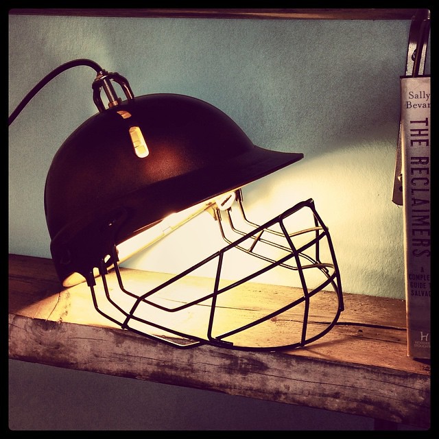 How are you celebrating the #cricket #world #cup? #CWC15 This was a beaten up #old #cricket #helmet before I #reclaimed it & gave it some #TLC 😊 #askcaptain #worldcup  www.salvagesister.co.uk #twitter #reuse #salvage #light #lights #lighting #indvsb