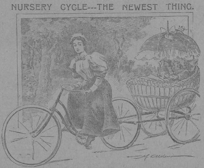 : The Journal page on cycling 1896 - detail, bike with trailer for baby