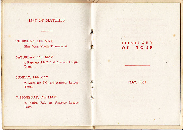 Manchester United F.C. Players Itinerary to Switzerland 1961