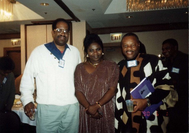 Tess Onwueme with Molefi Asante, Afrocentric Scholar, and poet Afaa Michael Weaver in Toronto, 1992