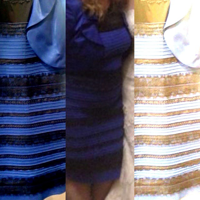 #BlueAndBlack or #WhiteAndGold ?  The middle photo is the original dress which is clearly Blue with Black lace.  However, depending on your phones lighting, inverting settings or the way your eyes adjust to hues, you may see White and Gold. This still do