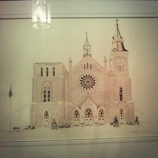 Drawing of Saint John Kanty Church by Michael McIntyre hanging inside of rectory.