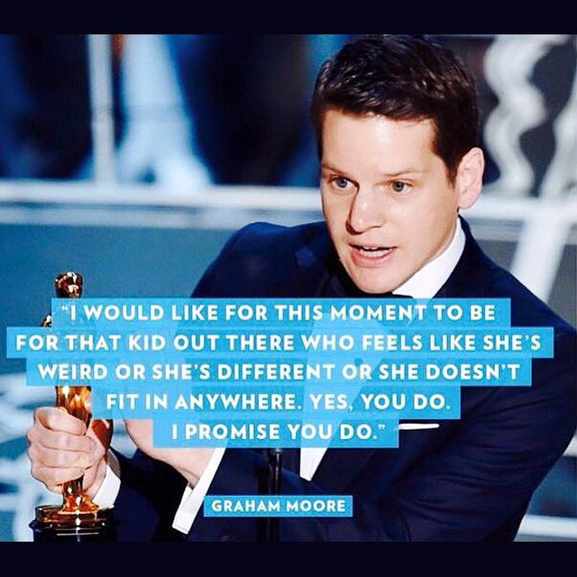 Graham Moore won Best Adapted Screenplay for The Imitation Game which tells the story of Alan Turing, the mathemetician who helped solve the Enigma code during World War II but was later prosecuted for being gay and driven to suicide.  Graham, an out ga