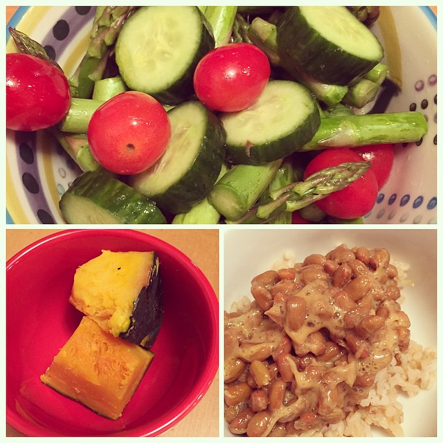 2015-02-26 Dinner. Asparagus salad with cucumbers and grape tomatoes; Natto and brown rice; Kaboucha