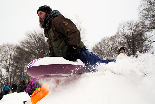 27/01/15 - Medford/Somerville, MA - A student sleds down Presidents Lawn during Winter Storm Juno