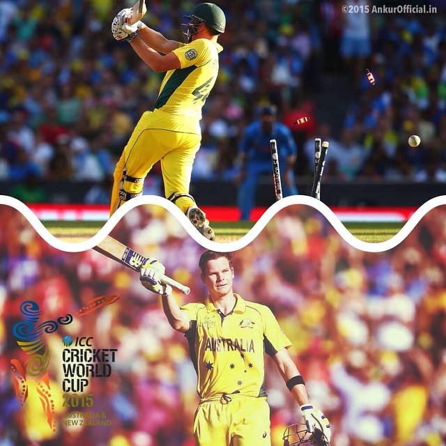 ⚾️🎾🏆Steve Smith of Australia celebrates after reaching his century during the 2015 Cricket World Cup Semi Final match between Australia and India at Sydney Cricket Ground on March 26, 2015 in Sydney, Australia.     James Faulkner of