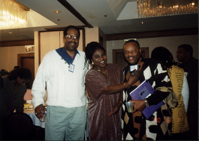 Tess Onwueme with Molefi Asante and poet Afaa Michael Weaver in Toronto, 1991