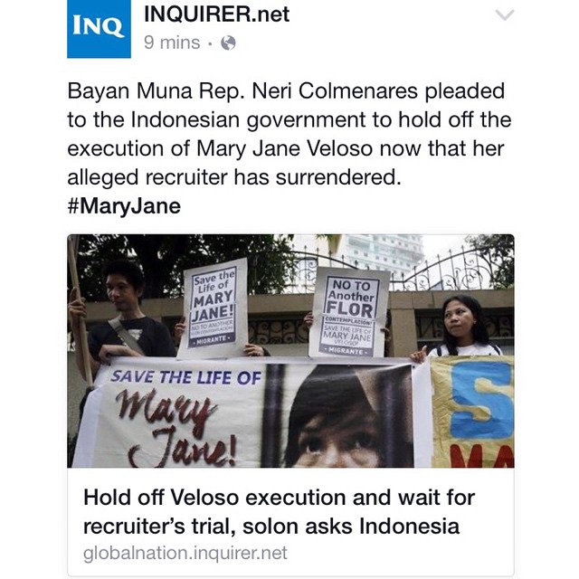 Bayan Muna Representative Neri Colmenares asked the Indonesian government to hold off the execution of MARY JANE VELOSO now that her alleged recruiter has surrendered.  #savemaryjane #StopTheExecution  Source:  http://globalnation.inquirer.net/121807/hold