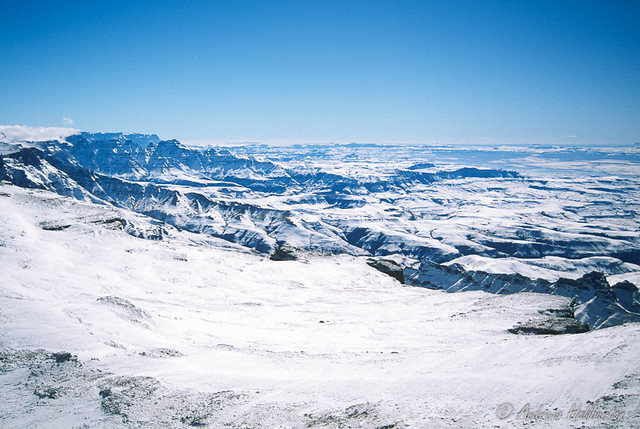 Drakensberg escarpment viewed from a Search and Rescue helicopter at 3,400m during the Drakensberg Snow Rescues July 7 to 11, 1996.