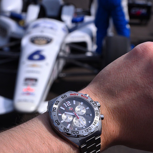 Our managing editor David Bredan just sent this in from Indianapolis, where hes watching the INDY 500 race as a guest of TAG Heuer. On his wrist is the prototype of a new TAG Heuer Formula 1 / INDY 500 Edition with a 1/100th second quartz chronograph mov