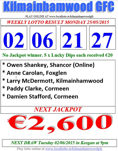 Kilmainhamwood GFC Lotto Results Sheet 25.05.15