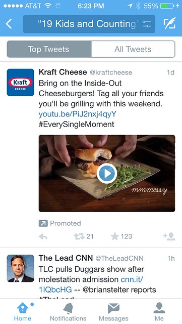 If you search for 19 kids and counting on Twitter you get this promoted Kraft Cheese tweet. #wowjoshduggarsagoodguy
