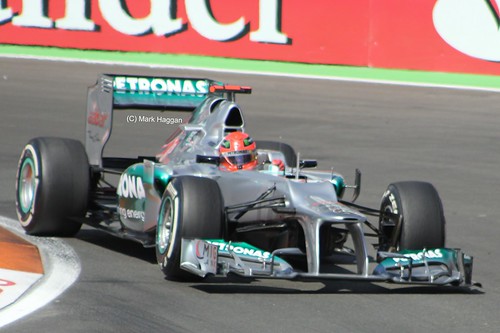 Michael Schumacher in his Mercedes F1 car at the 2012 European Grand Prix at Valencia