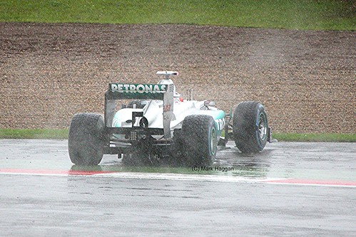 Michael Schumacher spins his Mercedes AMG Petronas F1 Car at Silverstone