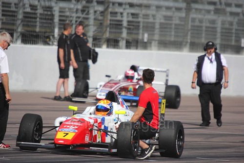 Alex Quinn on the British F4 grid at Rockingham, August 2016