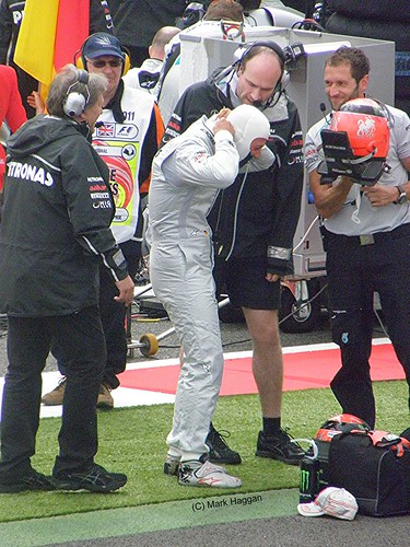 Michael Schumacher prepares for the 2011 British Grand Prix at Silvertone