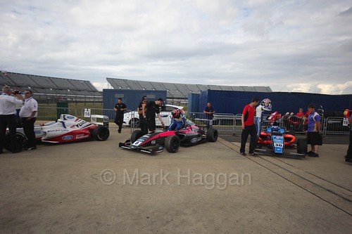 Some of the drivers before the British F4 race at Rockingham, August 2016