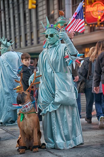 nyc newyorkcity dog costume manhattan flag statueofliberty busker reindeerantlers