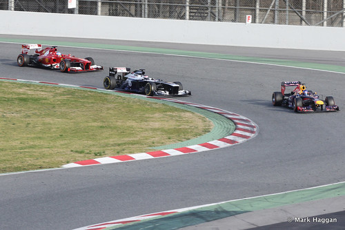 Sebastian Vettel, Valterri Bottas and Fernando Alonso on track at Formula One Winter Testing, March 2013