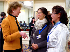 Mary Robinson with Batkhishig Baival & Bayarmaa Baljinnyam, herders from Mongolia, at the #HNCJ workshop this morning