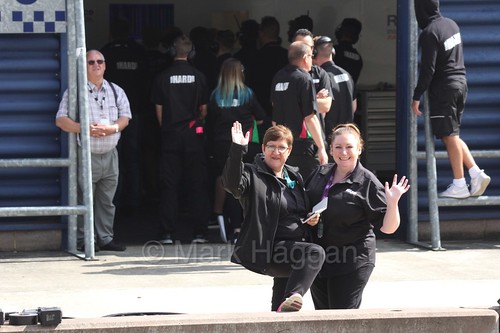 Andrea and Holly from Team Hard in the pit lane at Rockingham, August 2016