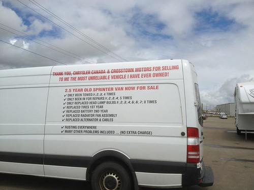 Thank you, Crysler Canada & Crosstown Motors for selling me the most unreliable vehicle I have ever owned!  2.5 year old Sprinter Van now for sale - Only been towed 1,2,3, 4 times - Only been in for repairs 1,2,3,4, 5 times - Replaced Tires 1st year - Replaced battery 2nd year - Replaced radiator fan assembly - Replaced Alternator and cables - Rusting everywhere - Many other problems included ... (no extra charge) 