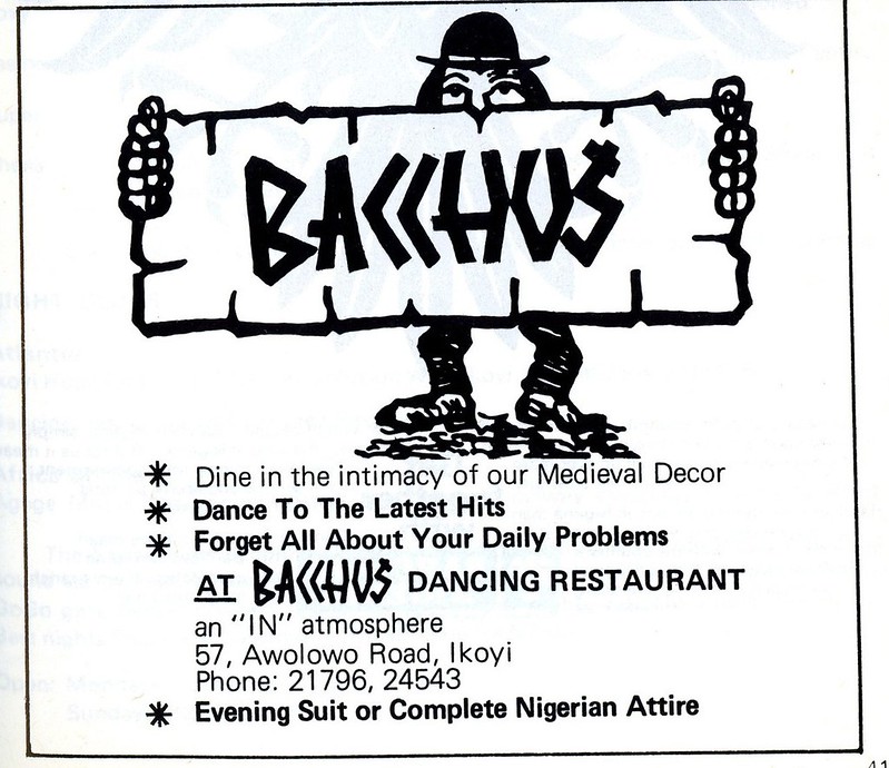Guide to Lagos 1975 021 bacchus dancing restaurant<br/>© <a href="https://flickr.com/people/30616942@N00" target="_blank" rel="nofollow">30616942@N00</a> (<a href="https://flickr.com/photo.gne?id=8488720094" target="_blank" rel="nofollow">Flickr</a>)