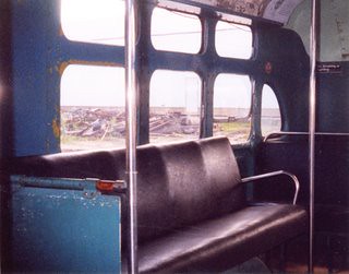 Interior view inside a preserved Chicago Transit Authority 1951 Marmon Harrington electric trolley bus.  The Illinois Railway Museum.  Union Illinois. May 1999.