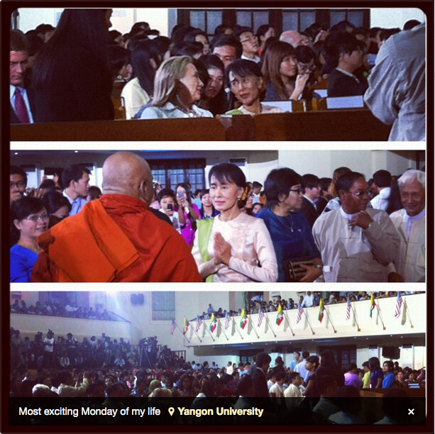 Secretary Clinton and Daw Aung San Suu Kyi at Pres Obama's speech in Yangon by Camille McDorman http://instagram.com/p/SNTF_5y-xZ/