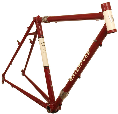 <p>Front view of a Waterford 22-Series Artisan randonneuring frame with S&amp;S Couplers. Styled in Garnet Metallic with Vanilla Shake seat tube panel and painted head tube.  63115</p>