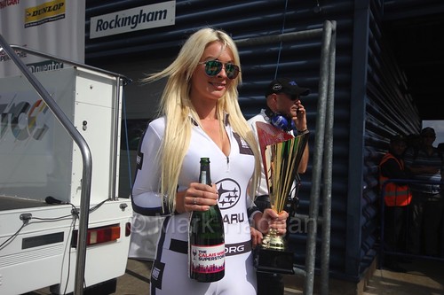 Krysta Moody with Jason Plato's third place trophy at Rockingham, August 2016